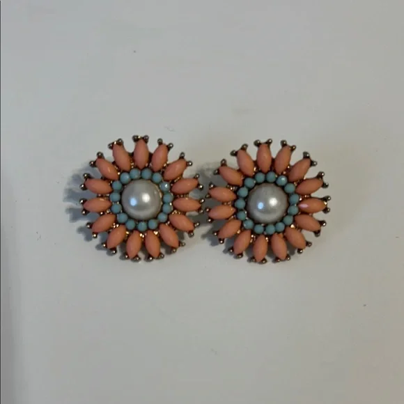 Vintage Coral Pink and Blue Sunburst Earrings with Faux Pearl Center - Picture 1 of 5